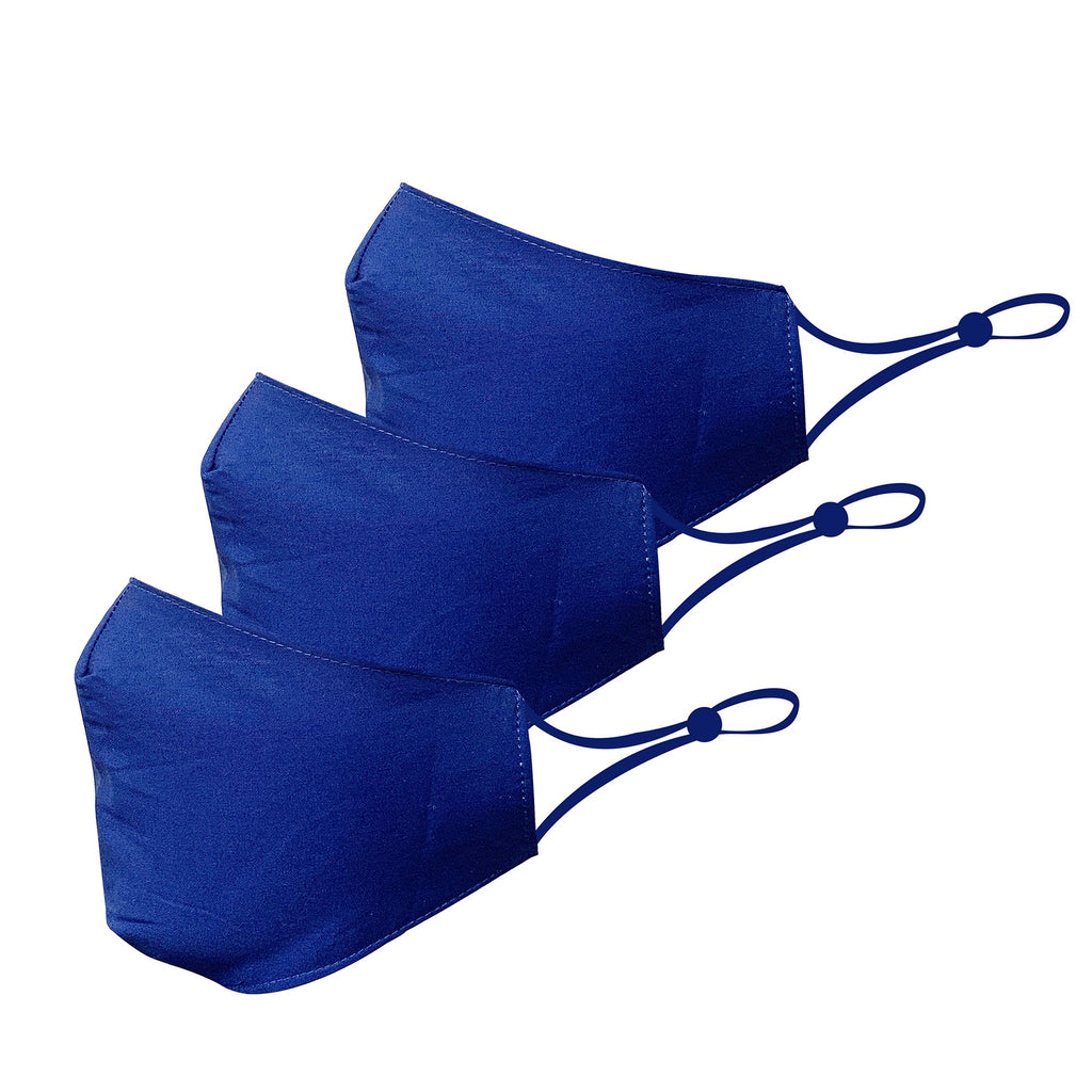3 Pack Blue Cotton Face Mask Cloth Masks for Mouth Nose Washable Reusable Double Layer Covering Adjustable Ear