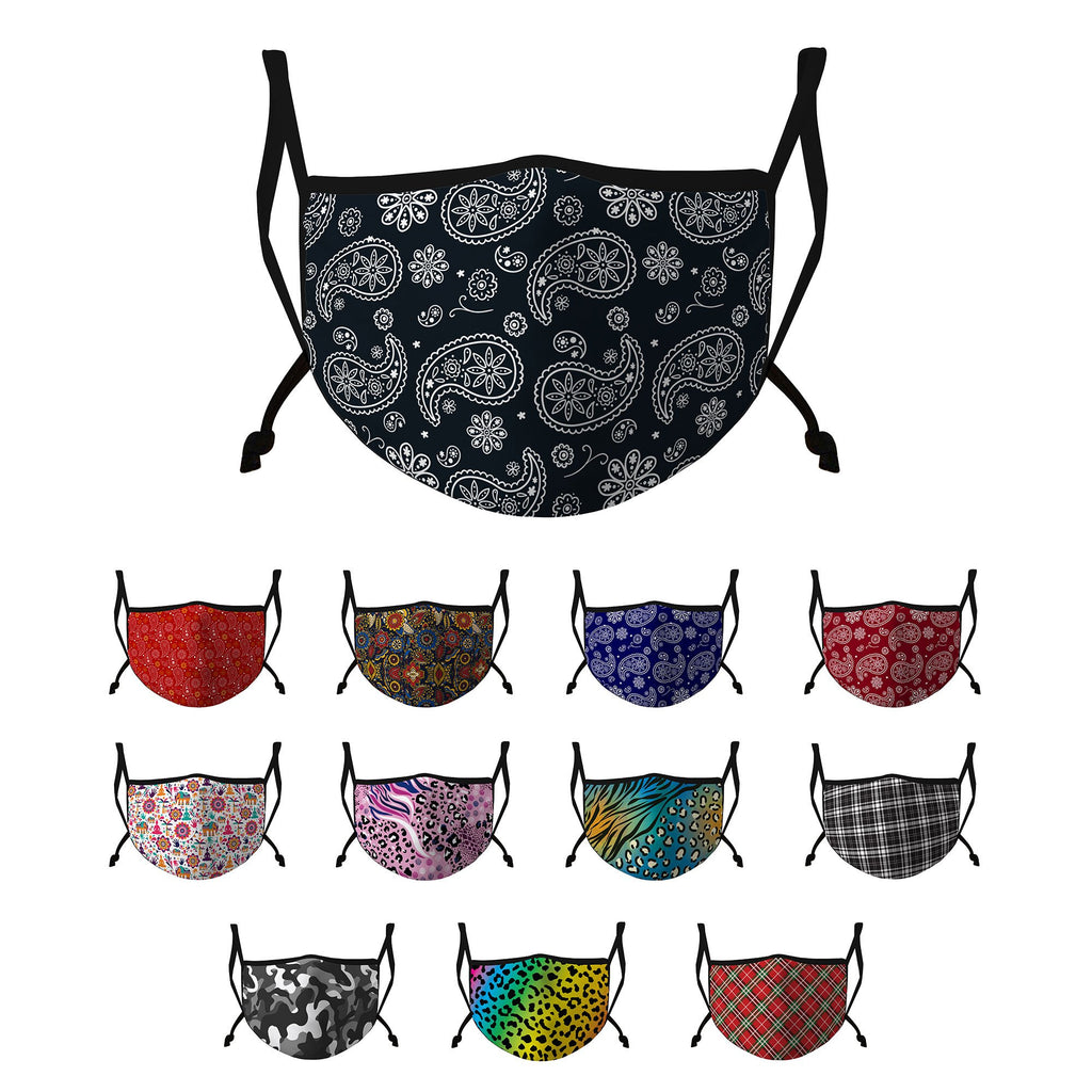 Casaba Fashion Face Masks Cotton Poly Adjustable Washable Reusable Double Layer Filter Pocket Black Paisley