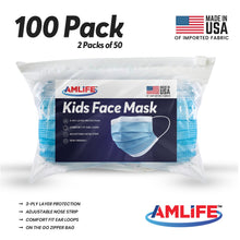 Load image into Gallery viewer, AMLIFE Kids Size Face Masks Youth Children Boys Girls Youth Filter Mask Made in USA Imported Fabric 100 Pack
