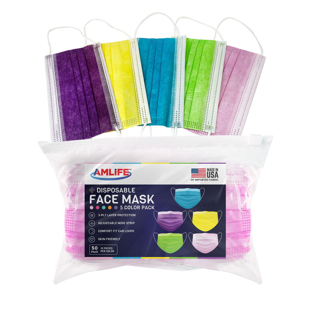 Amlife Face Mask Packs Disposable 3-Ply Filter - Made in USA with Imported Fabric - 5 Multi-Color 50 PACK