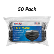 Load image into Gallery viewer, AMLIFE 50 Pack Black Face Masks 3-Ply Filter - Made in USA with Imported Fabric 
