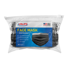 Load image into Gallery viewer, AMLIFE 50 Pack Black Face Masks 3-Ply Filter - Made in USA with Imported Fabric 
