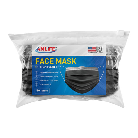 AMLIFE 50 Pack Black Face Masks 3-Ply Filter - Made in USA with Imported Fabric - Product Image