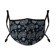 Load image into Gallery viewer, Casaba Fashion Face Masks Cotton Poly Adjustable Washable Reusable Double Layer Filter Pocket Black Paisley
