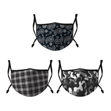 Load image into Gallery viewer, Casaba 3 Pack Face Masks Black Stylish Prints Cotton Poly Adjustable Washable Reusable Double Layer Pocket Filter 
