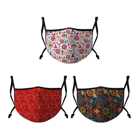 Casaba 3 Pack Face Masks Stylish Cultural Prints Cotton Poly Adjustable Washable Reusable Double Layer Pocket Filter - Product Image