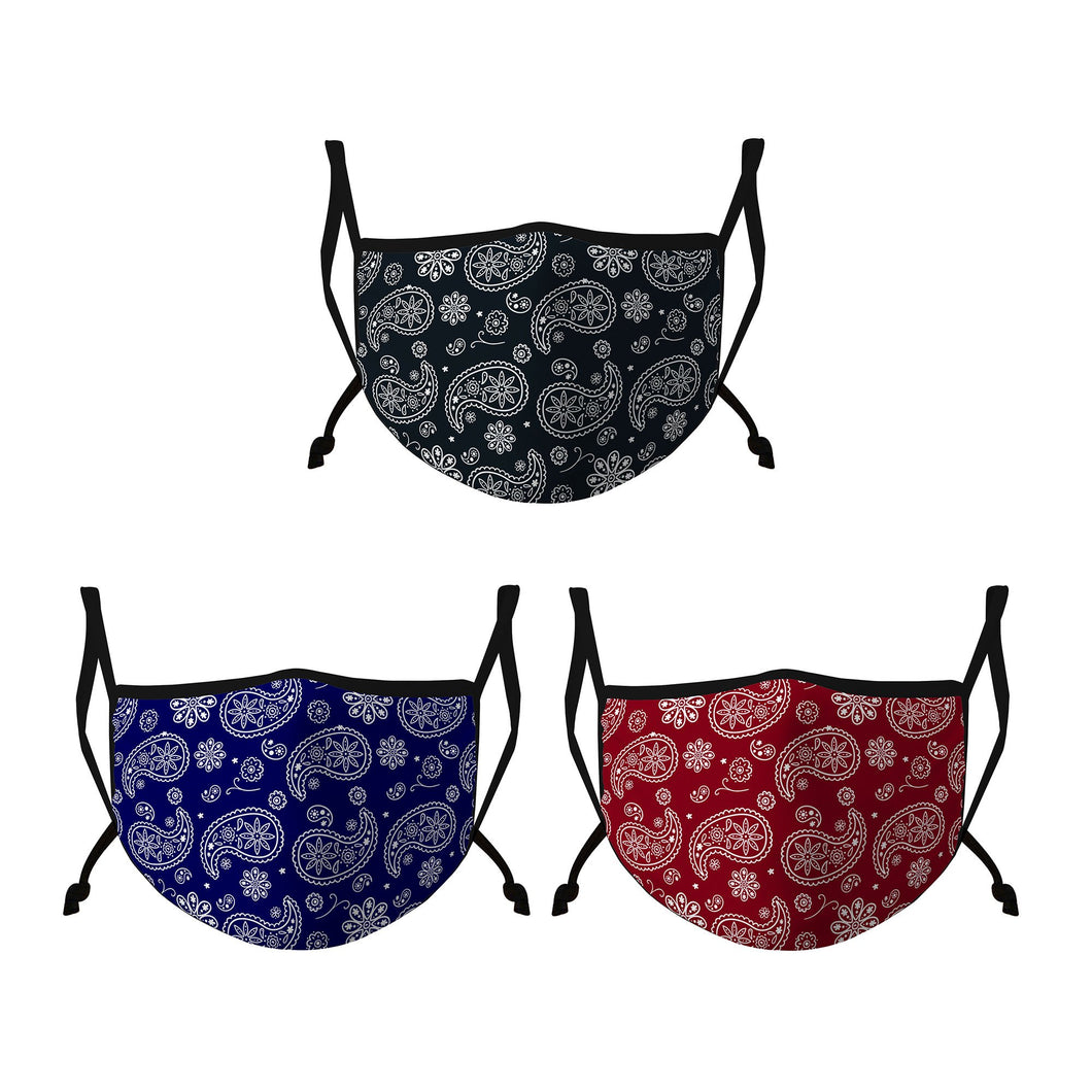 Casaba 3 Pack Paisley Print Face Masks Unisex Fashion Cotton Poly Adjustable Washable Reusable Double Layer Pocket Filter 