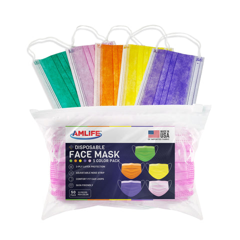 AMLIFE Face Masks 50 Pack Multi Color 3-Ply Filter Disposable Made in USA with Imported Fabric - Product Image