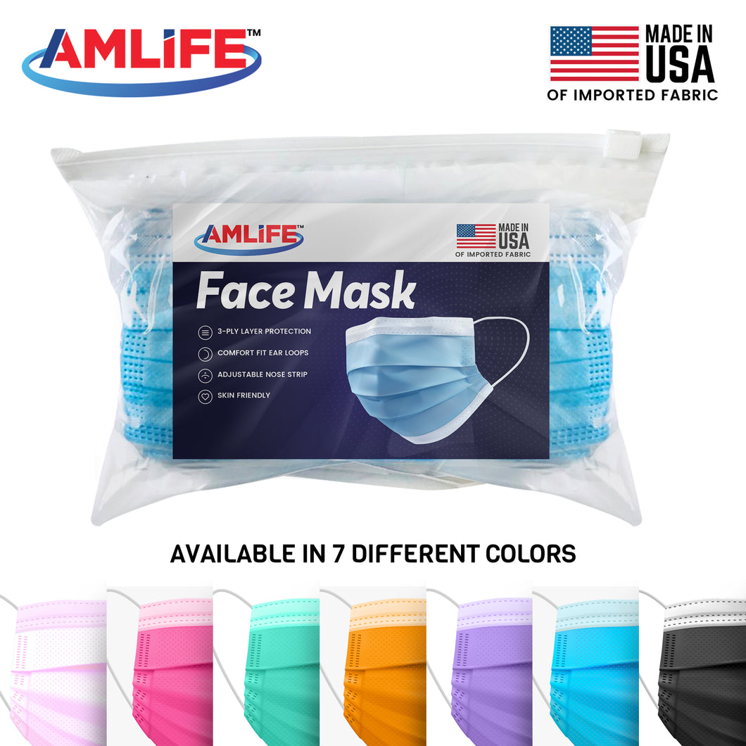 Amlife Disposable Face Masks Protective 3-Ply Filter Made in USA with Imported Fabric Blue