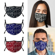 Load image into Gallery viewer, Casaba 3 Pack Paisley Print Face Masks Unisex Fashion Cotton Poly Adjustable Washable Reusable Double Layer Pocket Filter 
